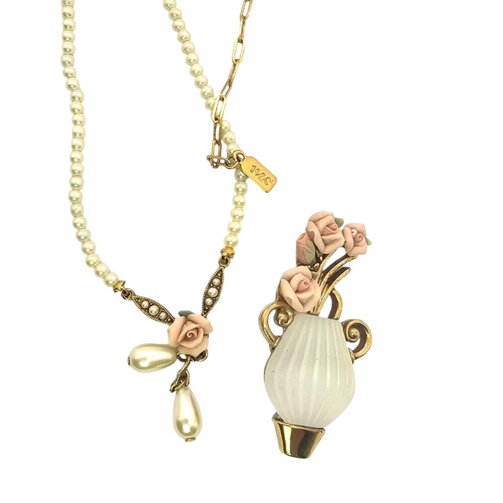1928 Bridal Porcelain Rose Faux Pearl Necklace & Frosted Glass Brooch Set